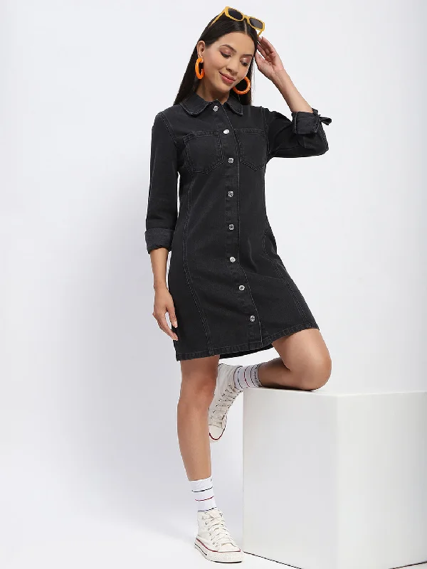 Madame Collared Jacket Style Black Denim Dress