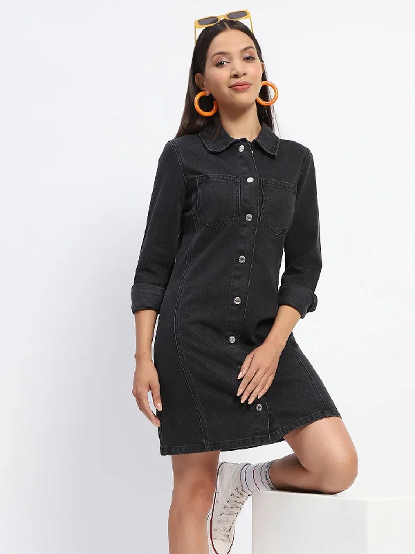 Madame Collared Jacket Style Black Denim Dress