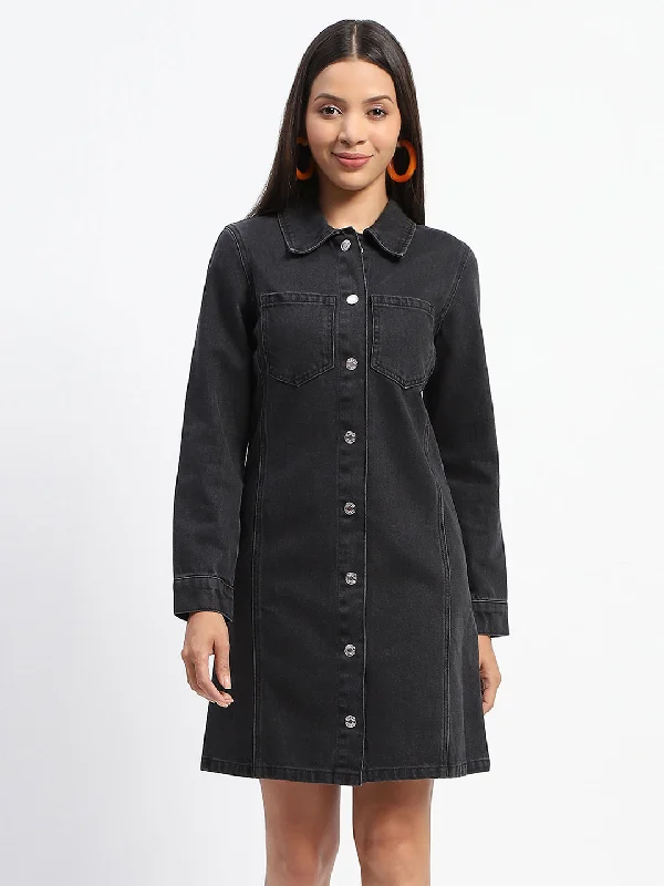 Madame Collared Jacket Style Black Denim Dress