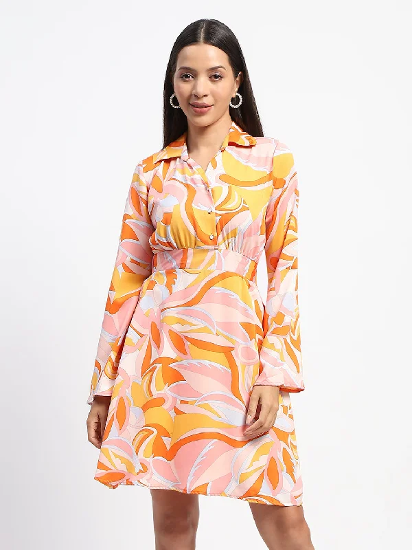 Madame Cinch Waist Abstract Print Bell Sleeves Orange Dress