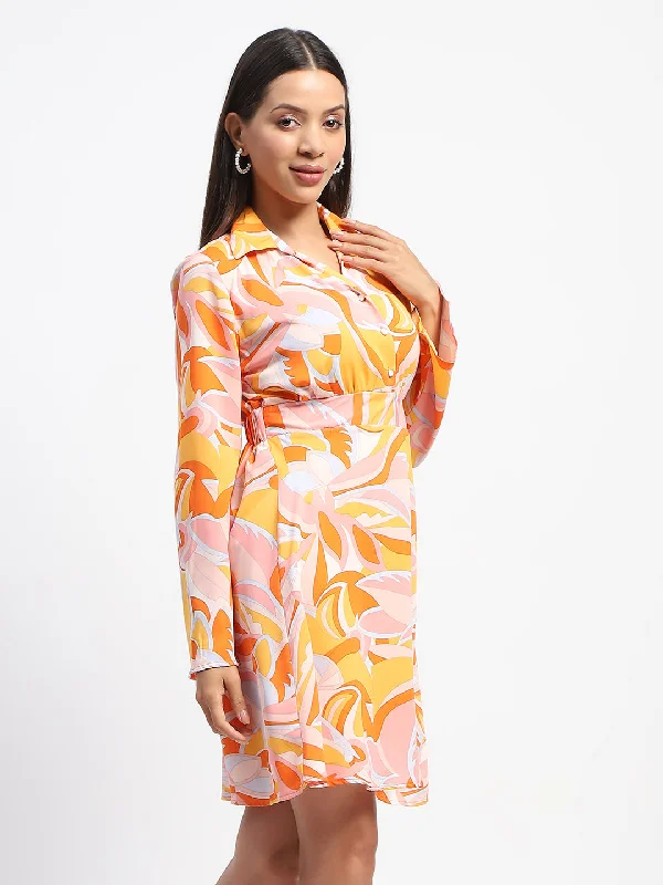 Madame Cinch Waist Abstract Print Bell Sleeves Orange Dress