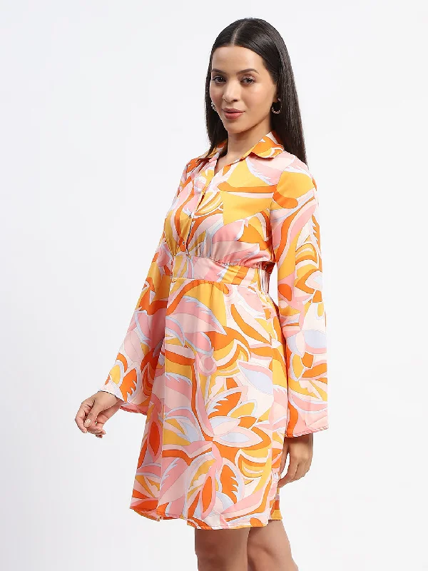 Madame Cinch Waist Abstract Print Bell Sleeves Orange Dress