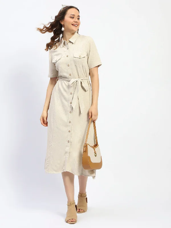 Madame Beige Button Down Viscose Blend Shirt Dress