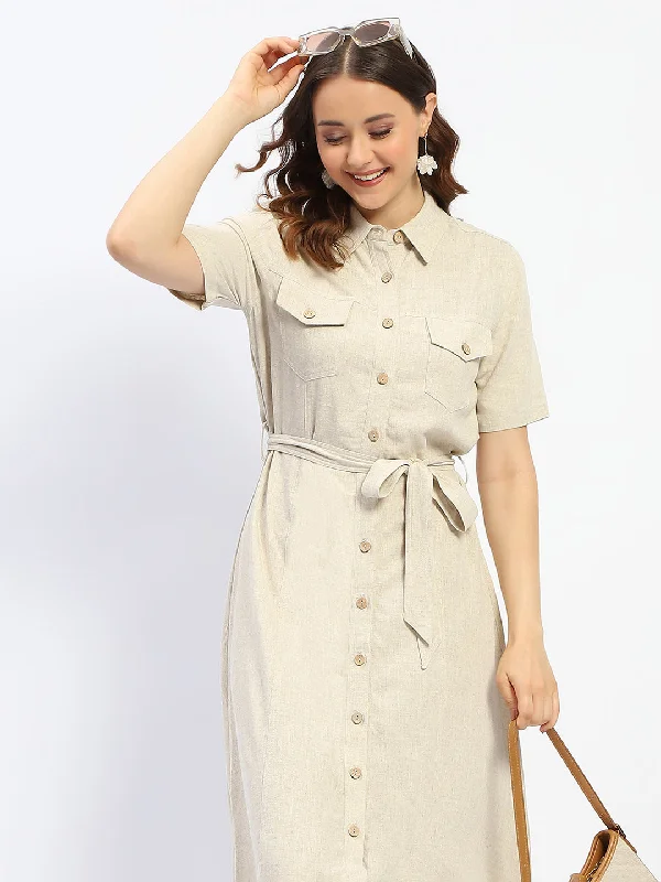 Madame Beige Button Down Viscose Blend Shirt Dress