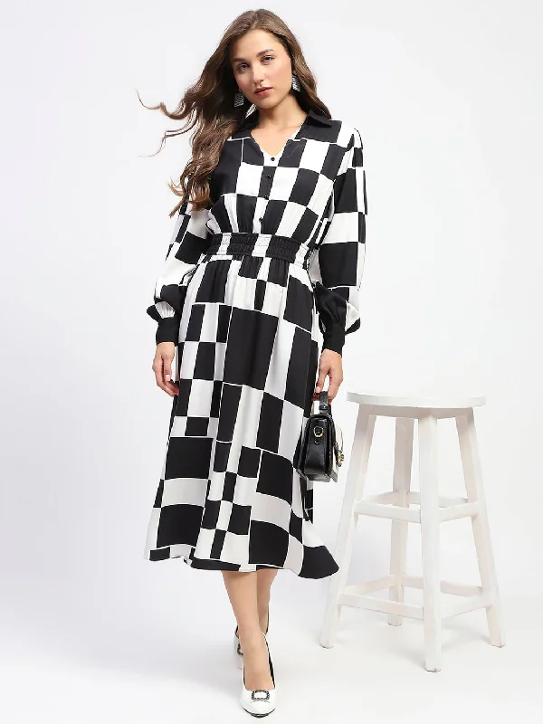 Madame Chessboard Print Black Viscose Dress