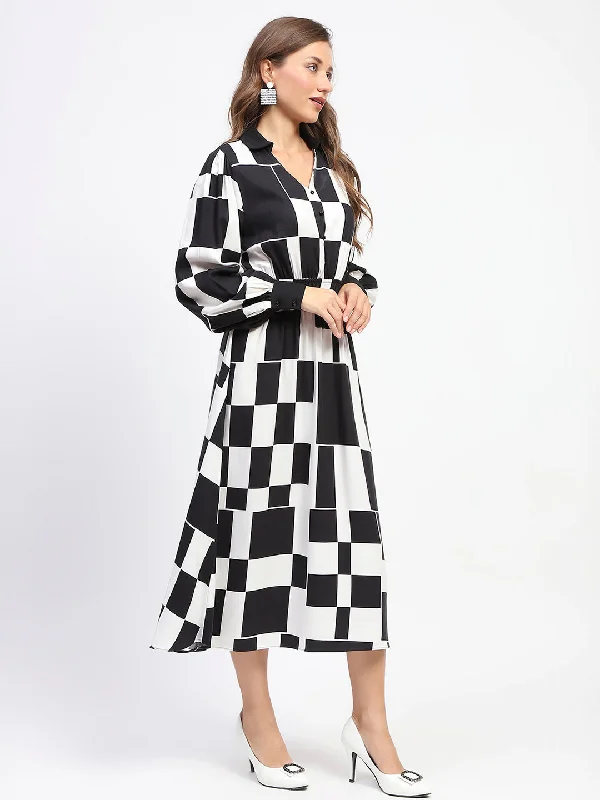 Madame Chessboard Print Black Viscose Dress