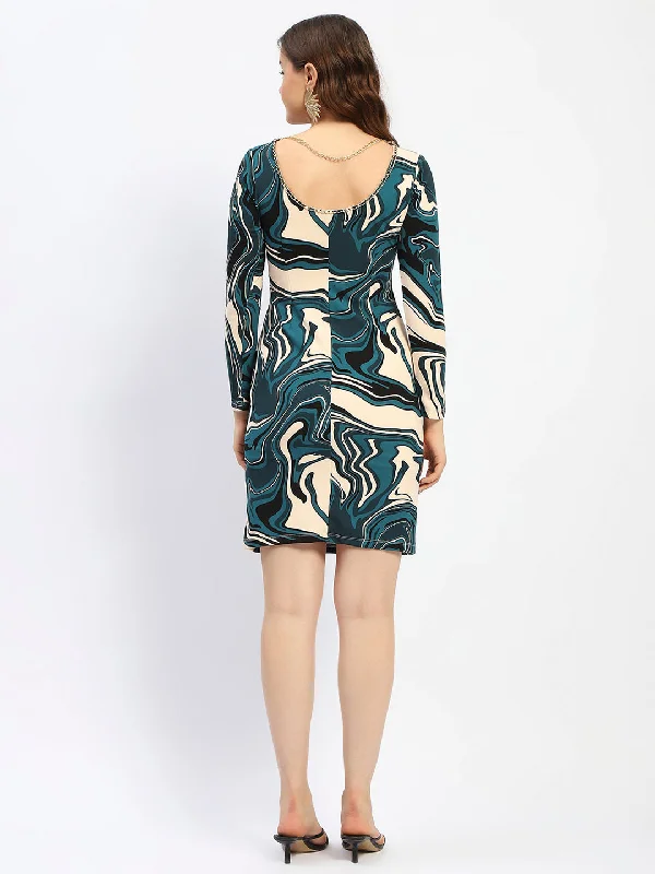 Madame Abstract Print Shoulder Cutout Green Mini Bodycon Dress