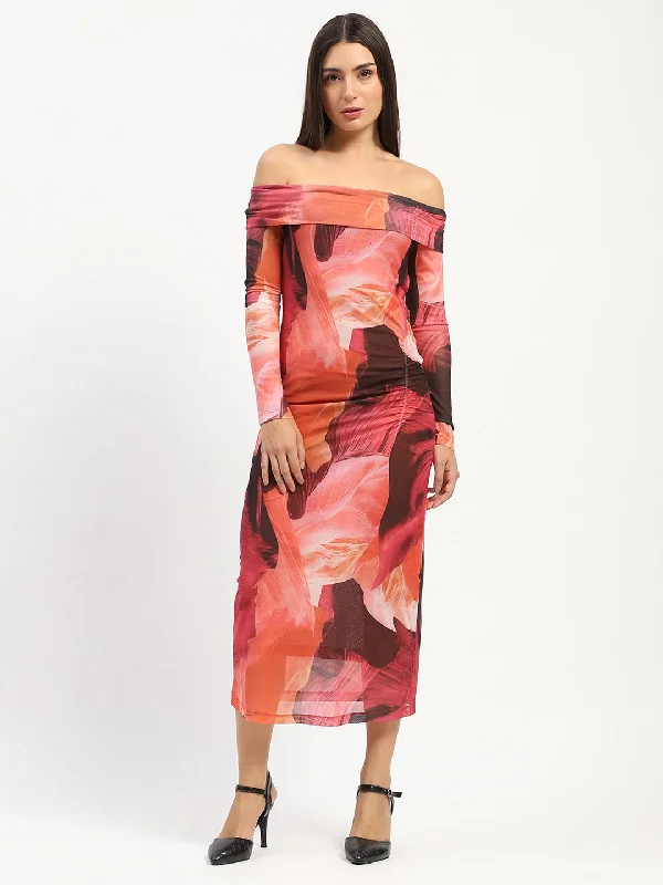 Madame Shanaya Kapoor Abstract Print Off Shoulder Semi Sheer Orange Maxi Dress