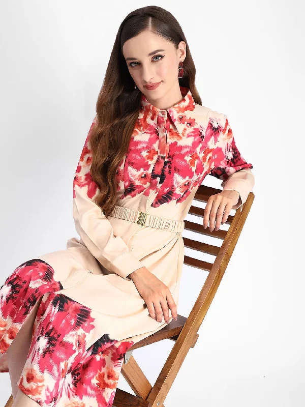 Madame Floral Printed Button Down Shirt A-Line Dress