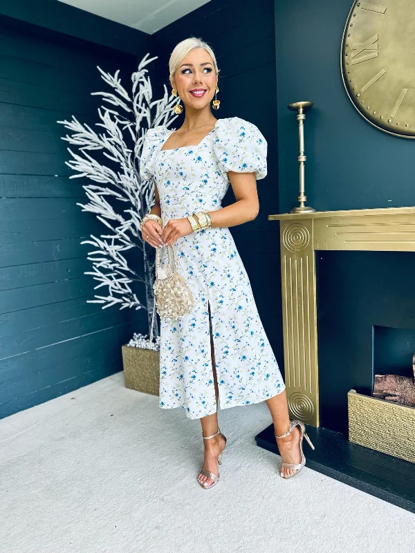 Meara Square Neck Midi Dress Blue Floral