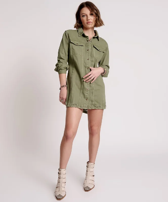 MILITARY KHAKI TRUCKER SHIRT DRESS