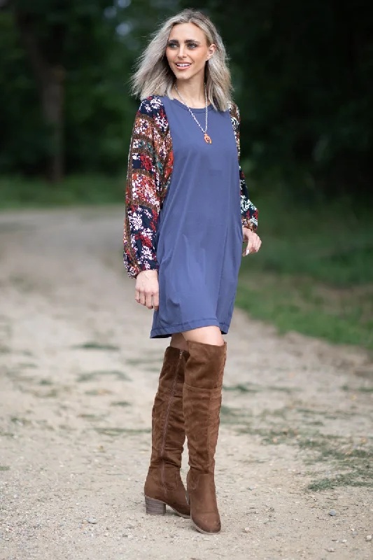 Navy Floral Print Balloon Sleeve Dress