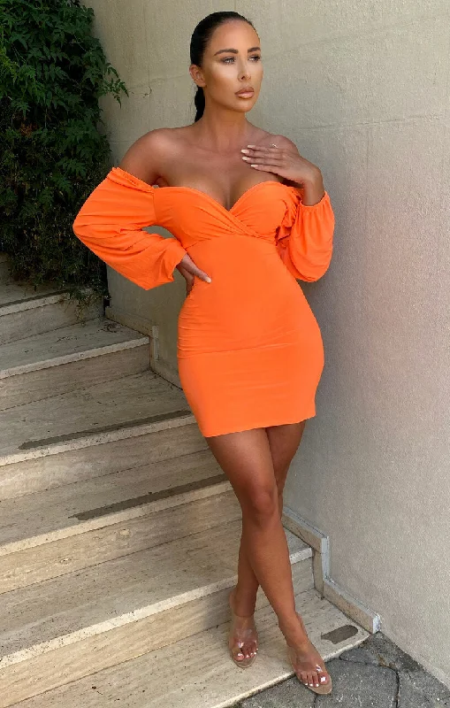 Neon Orange Slinky Balloon Sleeve Bardot Mini Dress - Meghan