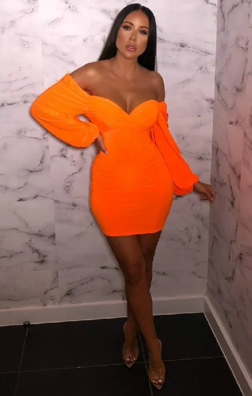 Neon Orange Slinky Balloon Sleeve Bardot Mini Dress - Meghan