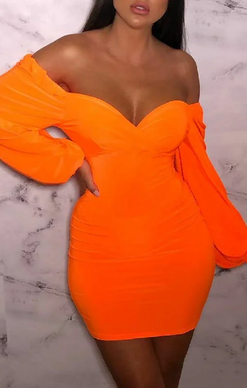 Neon Orange Slinky Balloon Sleeve Bardot Mini Dress - Meghan