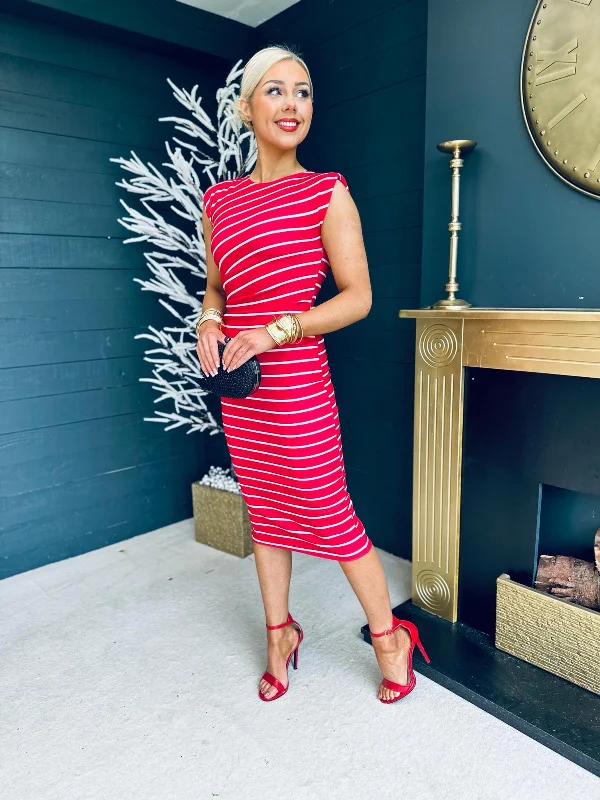 Pari Stripe Ruched Shoulder Pad Midi Dress Red