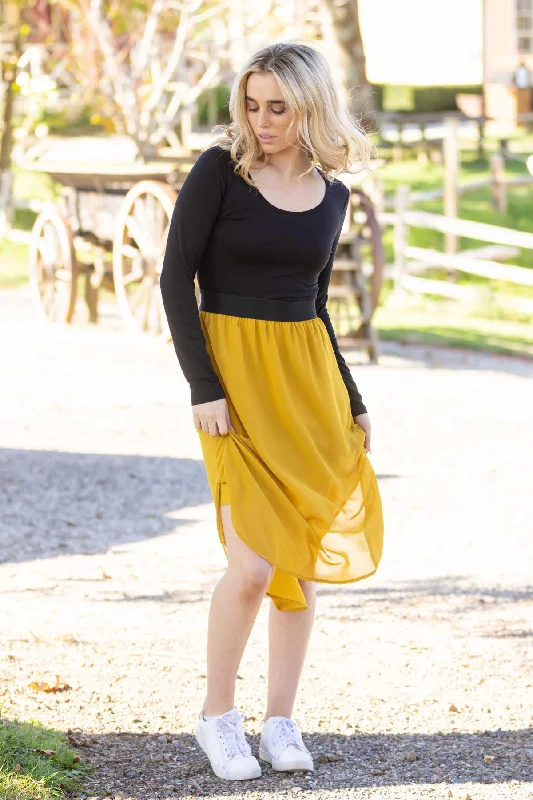 Siri Midi Dress LS Black/Mustard