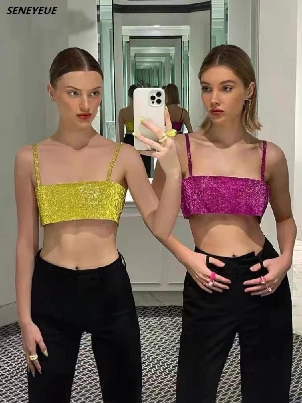 Rhinestone Spaghetti Strap Satin Crop Top