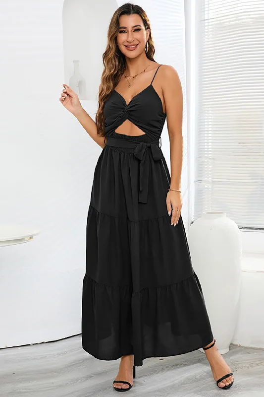 Spaghetti Straps Long Black Summer Dress with Keyhole