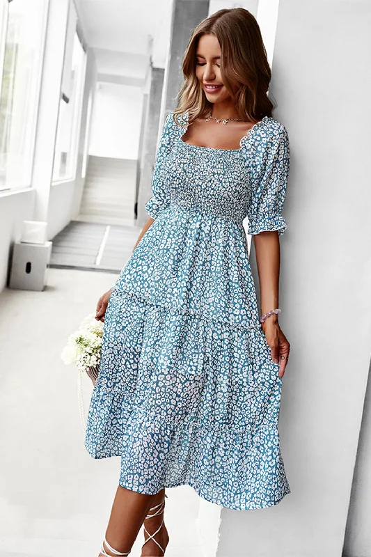 Square Neck Blue Floral Printed Summer Dress