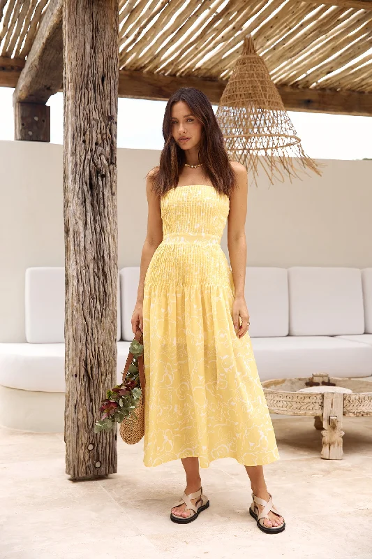 Sunflower Fields Strapless Midi Dress Yellow