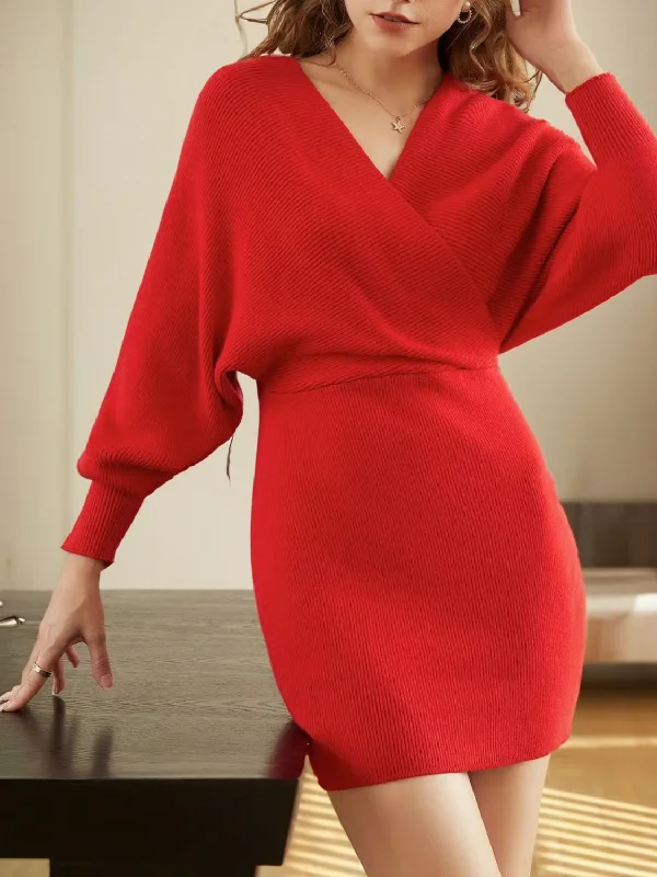 V-Neck Dolman Sleeve Mini Sweater Dress