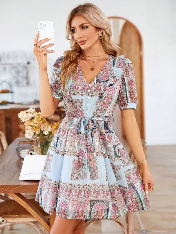 Vintage Print Puff Sleeve Dress