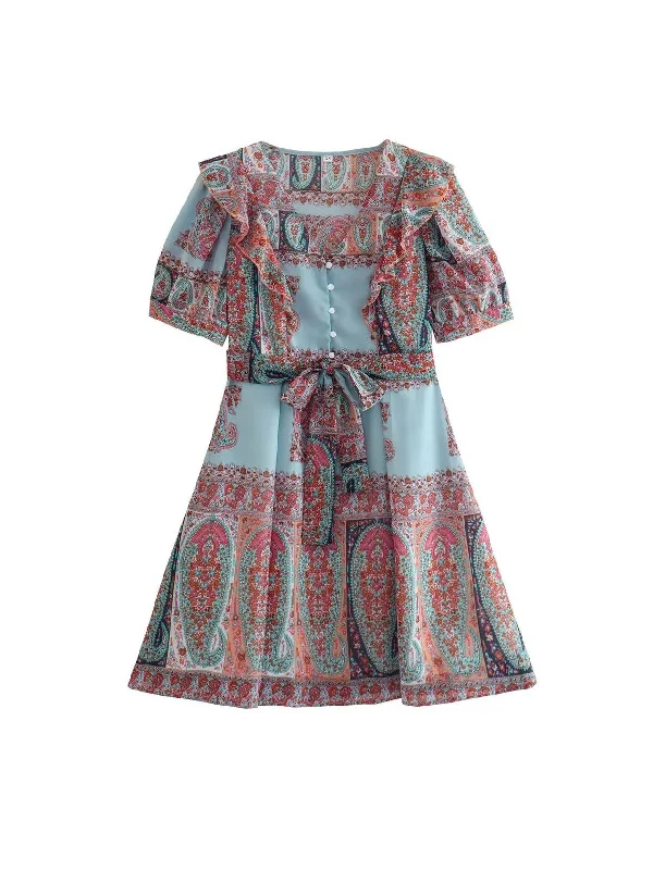 Vintage Print Puff Sleeve Dress