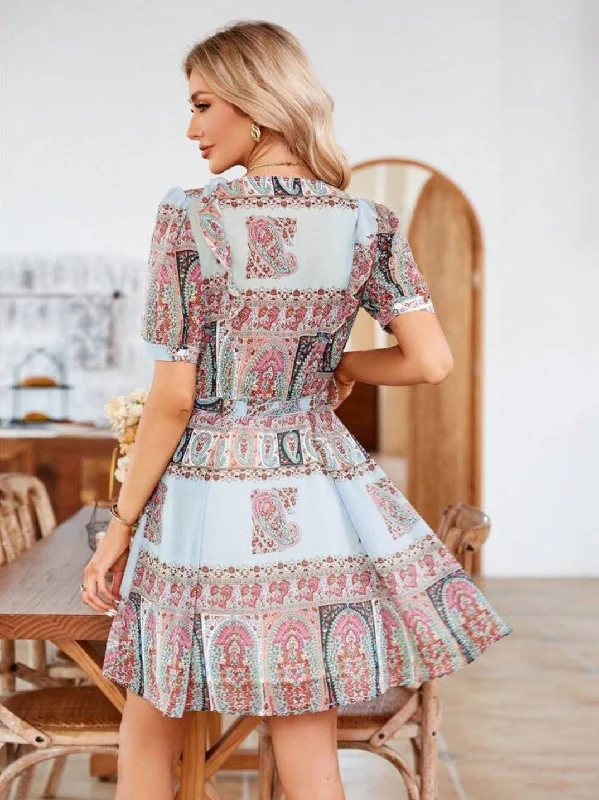 Vintage Print Puff Sleeve Dress