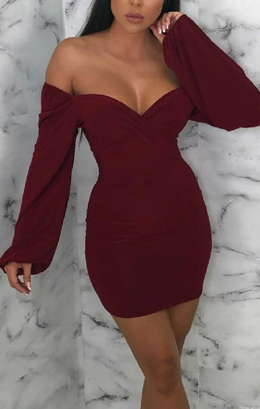 Wine Slinky Balloon Sleeve Bardot Mini Dress - Meghan