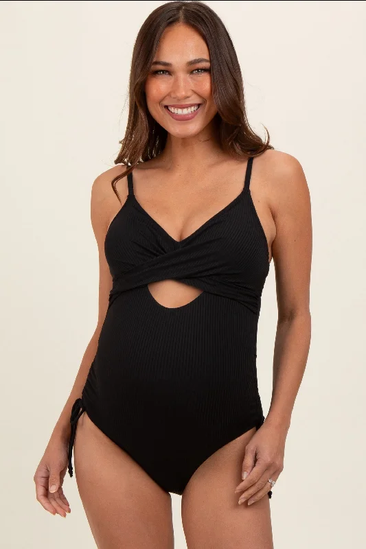 Black Ribbed Wrap Front Drawstring Side Maternity One-Piece Swimsuit