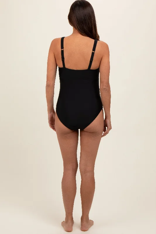 Black Scalloped Cutout Ruched Maternity One Piece Swimsuit