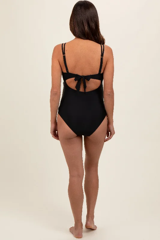 Black Scalloped V-Neck Back Tie Cutout Maternity One Piece Swimsuit