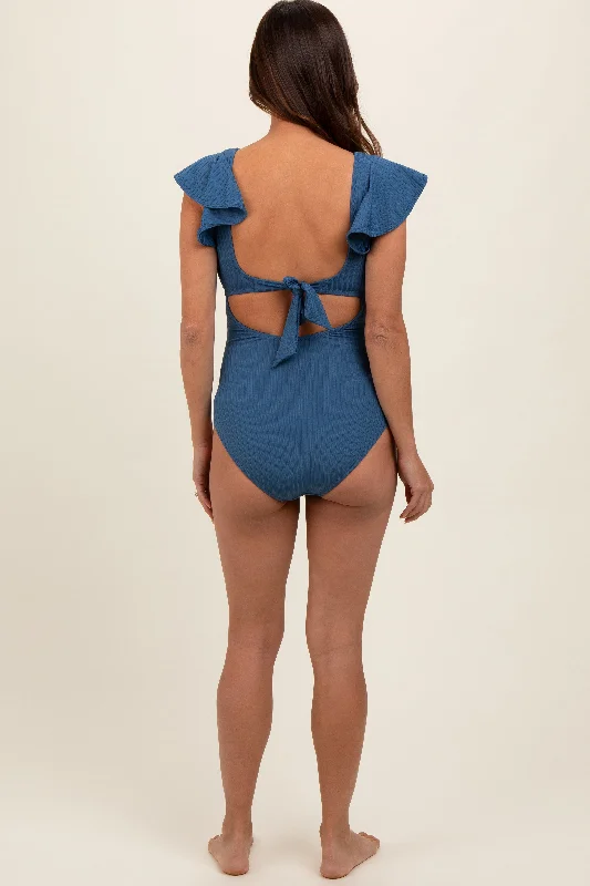 Blue Ribbed Ruched Cutout Flutter One Piece Maternity Swimsuit