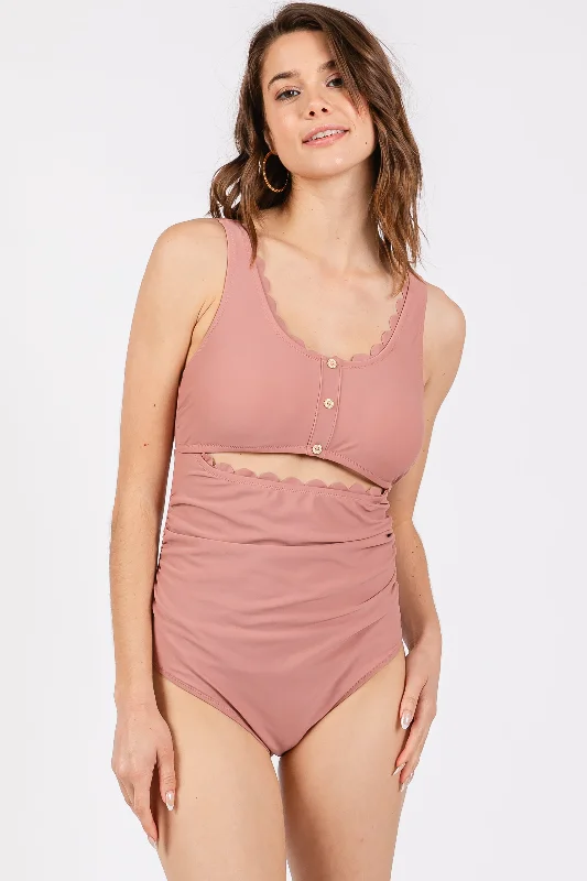 Mauve Scalloped Cutout Ruched Maternity One Piece Swimsuit