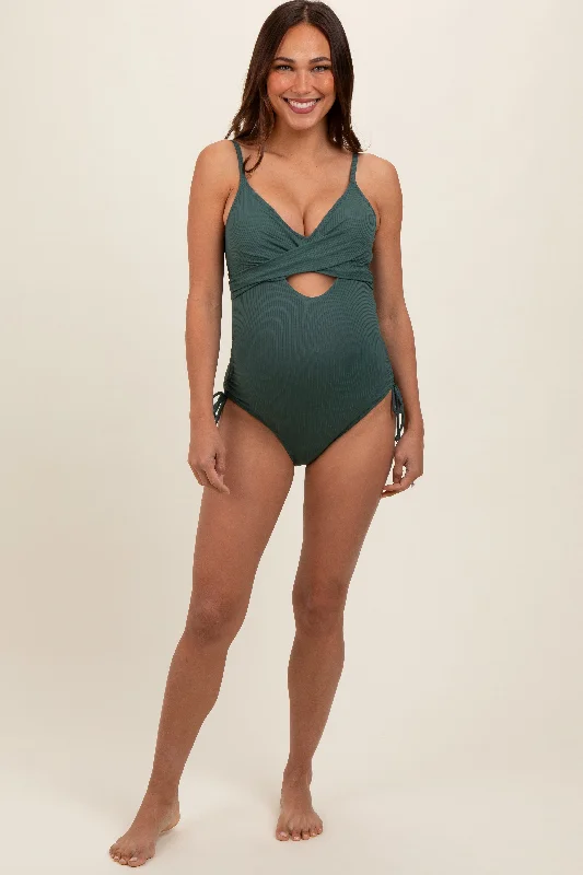 Olive Ribbed Wrap Front Drawstring Side Maternity One-Piece Swimsuit