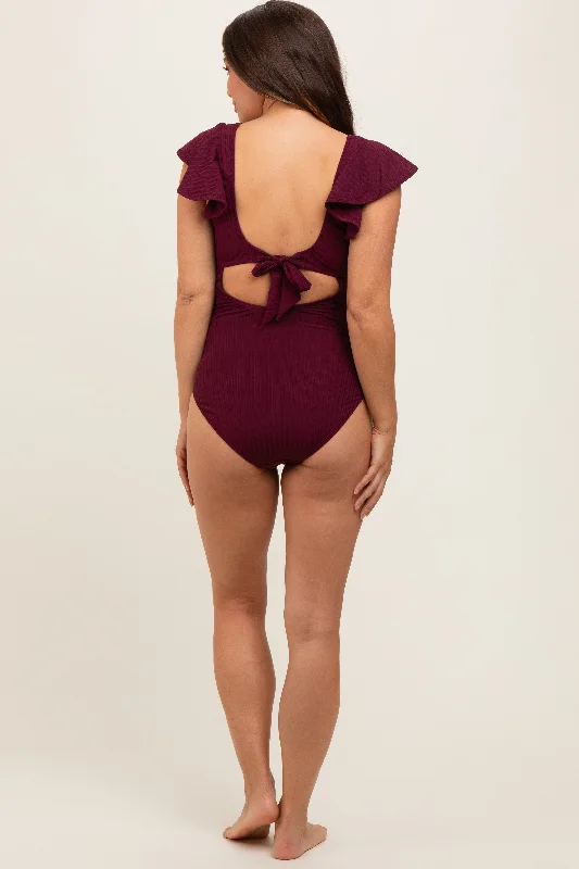 Plum Ribbed Ruched Cutout Flutter One Piece Maternity Swimsuit