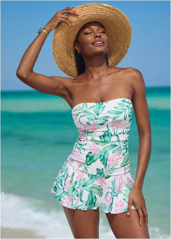 Skirted Bandeau One-Piece - Tropical Garden