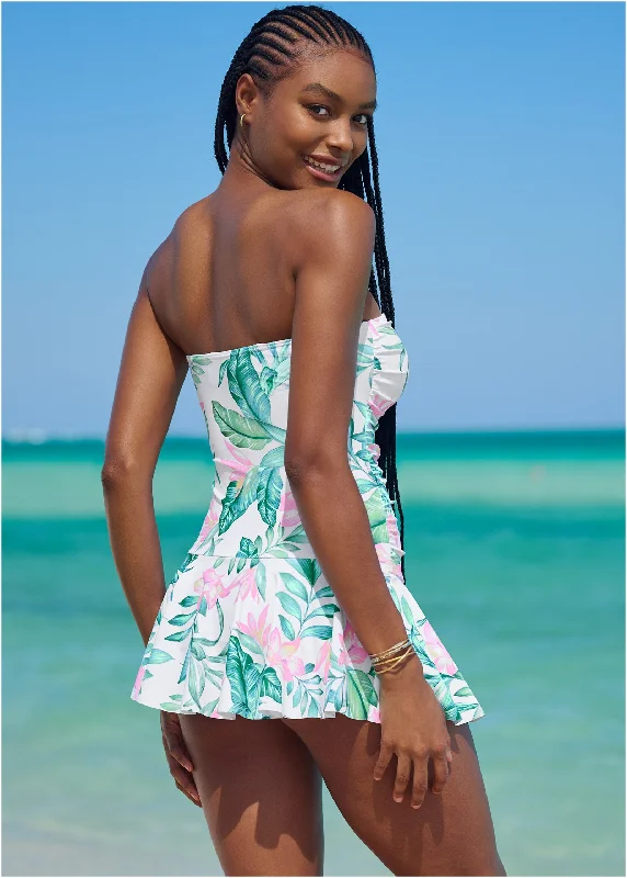 Skirted Bandeau One-Piece - Tropical Garden