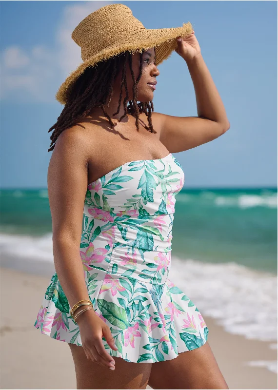 Skirted Bandeau One-Piece - Tropical Garden