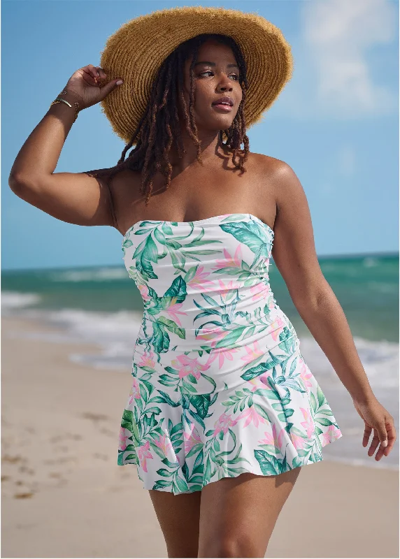 Skirted Bandeau One-Piece - Tropical Garden