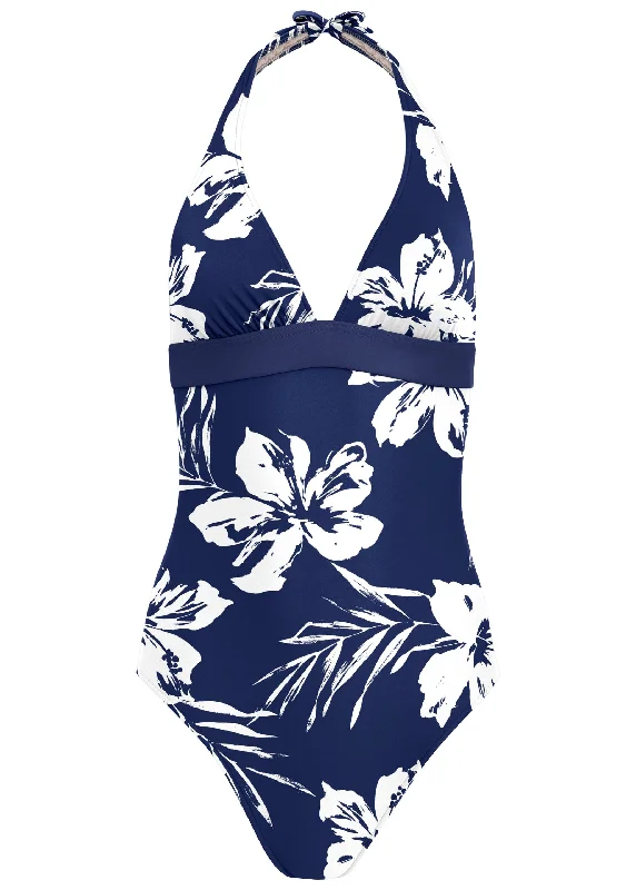 Slimming Halter One-Piece - Navy Blue Hibiscus