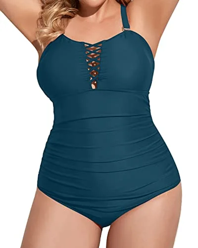 Vintage Lace Up Plus Size One Piece Swimsuit Deep V Neck Swimwear-Teal