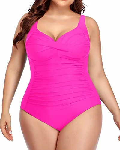 Retro One Piece Bathing Suits Vintage Ruched Cross Swimsuits-Neon Pink