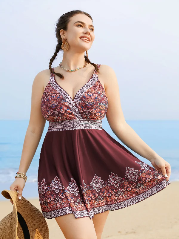 Boho Print Gathered Overlap Collar Swim Dress