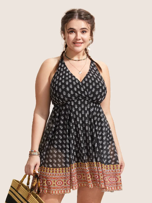 Overlap Collar Boho Print Patchwork Swim Dress