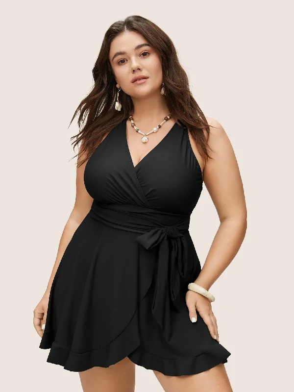 Plain Ties Wrap Flutters Swim Dress