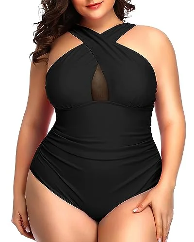 Plus Size Crisscross Mesh Keyhole One Piece Swimsuit