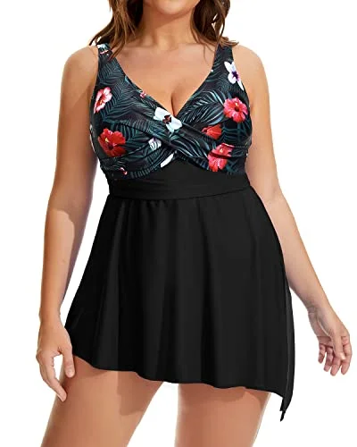 Plus Size Flowy Asymmetrical Hem Swim Dress Shorts-Black Floral