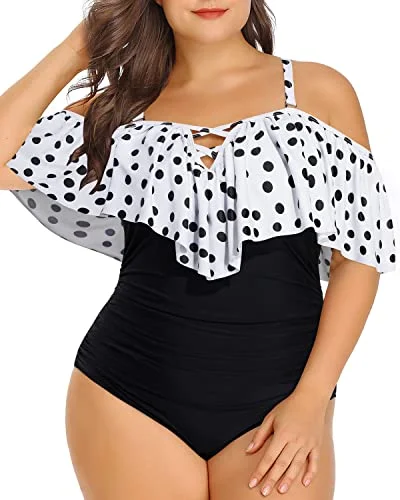 Ruched Tummy Control Women Plus Size One Piece Swimsuits-White Black Polka Dots